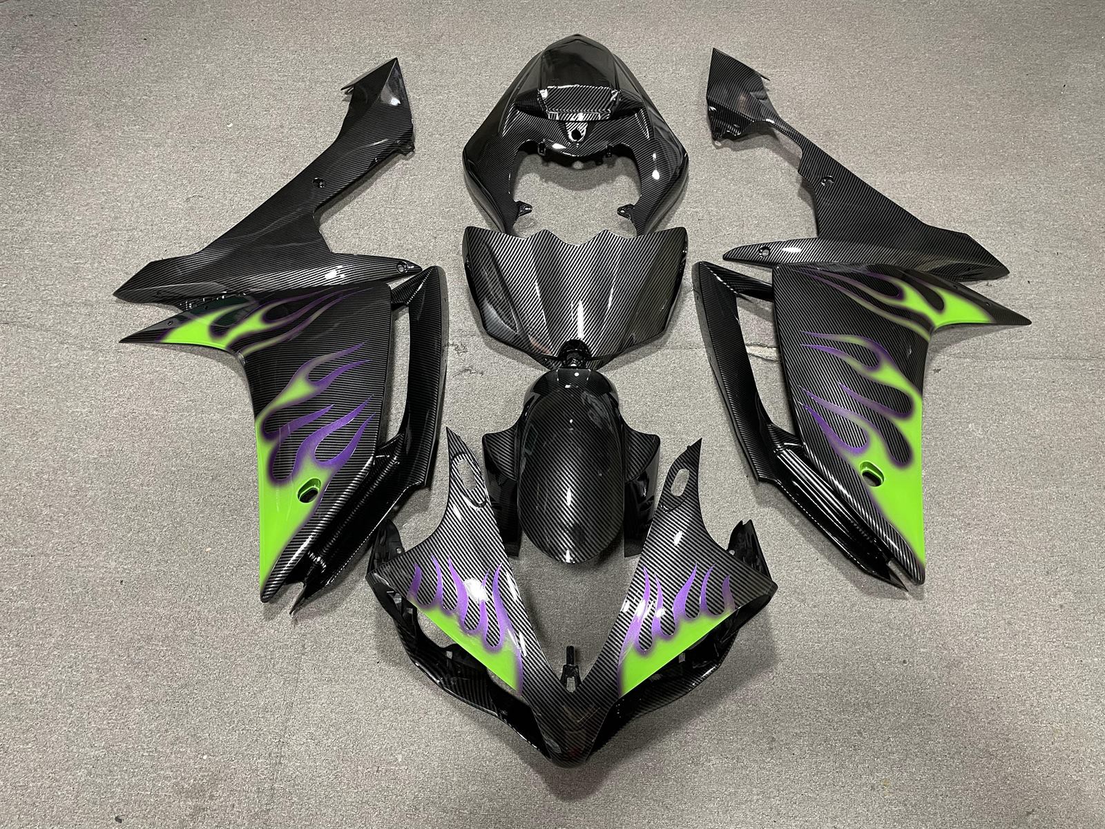 YAMAHA YZF R1 07-08 Fairing Kit - Black with Green & Purple Flames